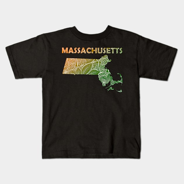 Colorful mandala art map of Massachusetts with text in green and orange Kids T-Shirt by Happy Citizen